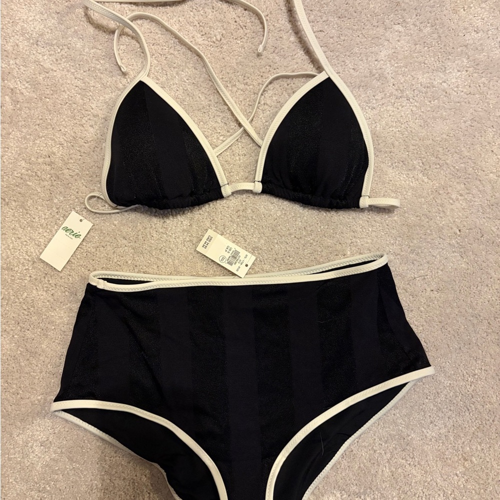aerie Black Bikini Set with White Trim - High Waist Triangle Top
